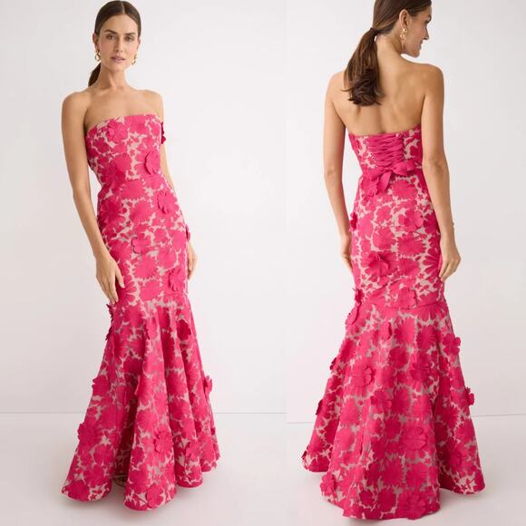 Helsi Embroidered Floral Pink Strapless Lace Up Corset Back Midi Gown Size XL - Picture 1 of 12